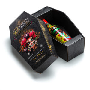 A premium coffin-shaped Fun Wine box designed by BCI showcasing hybrid ecommerce retail packaging with bold graphics and protective structural design.