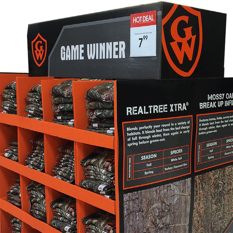 A retail POP display for Game Winner clothing products
