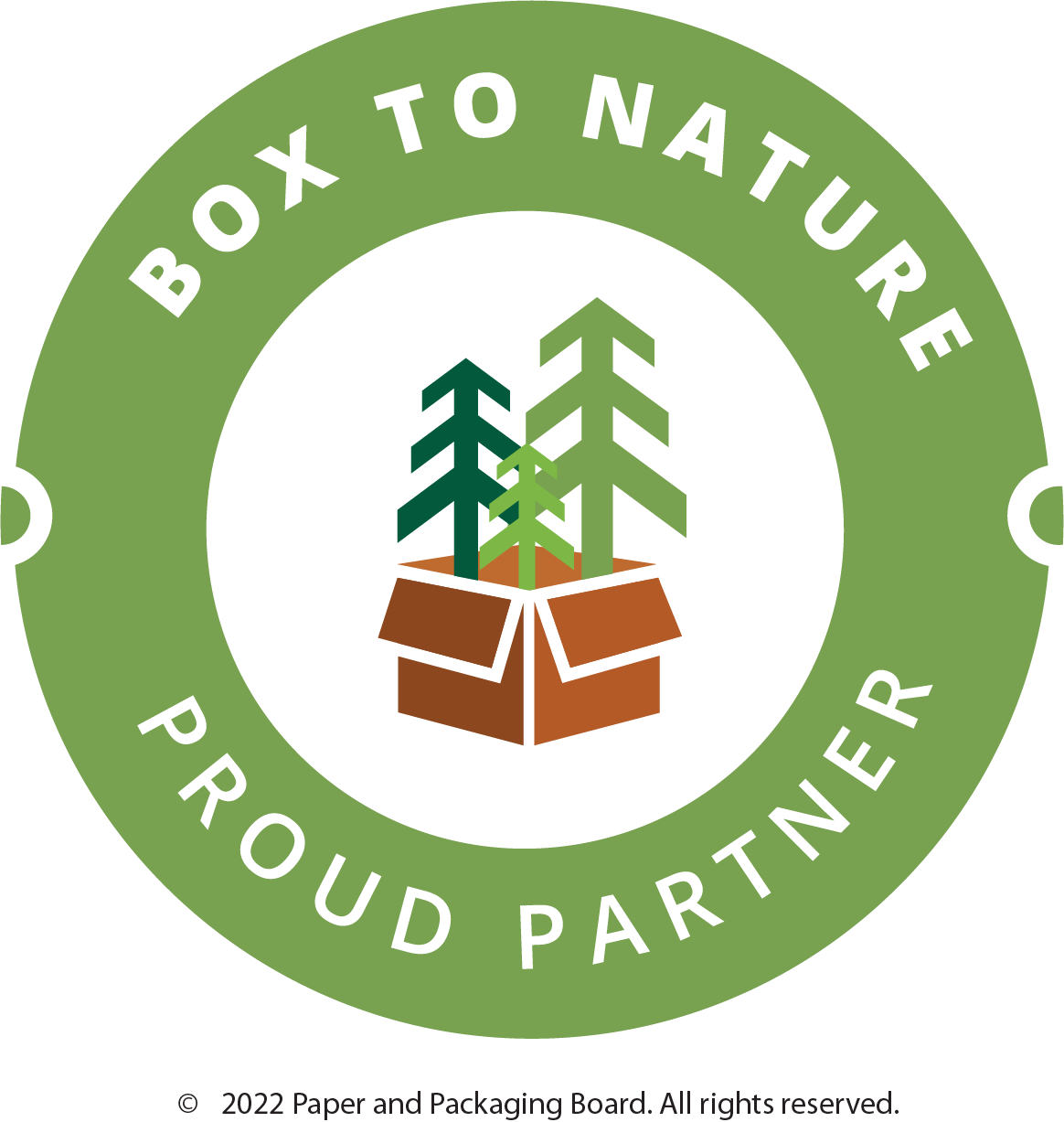 a round box-to-nature logo with a great border and a box with trees illustrated in the center 