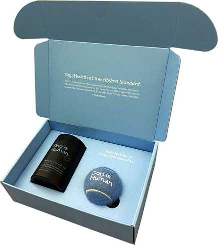 Blue digitally printed e-commerce packaging for Dog is Human brand.