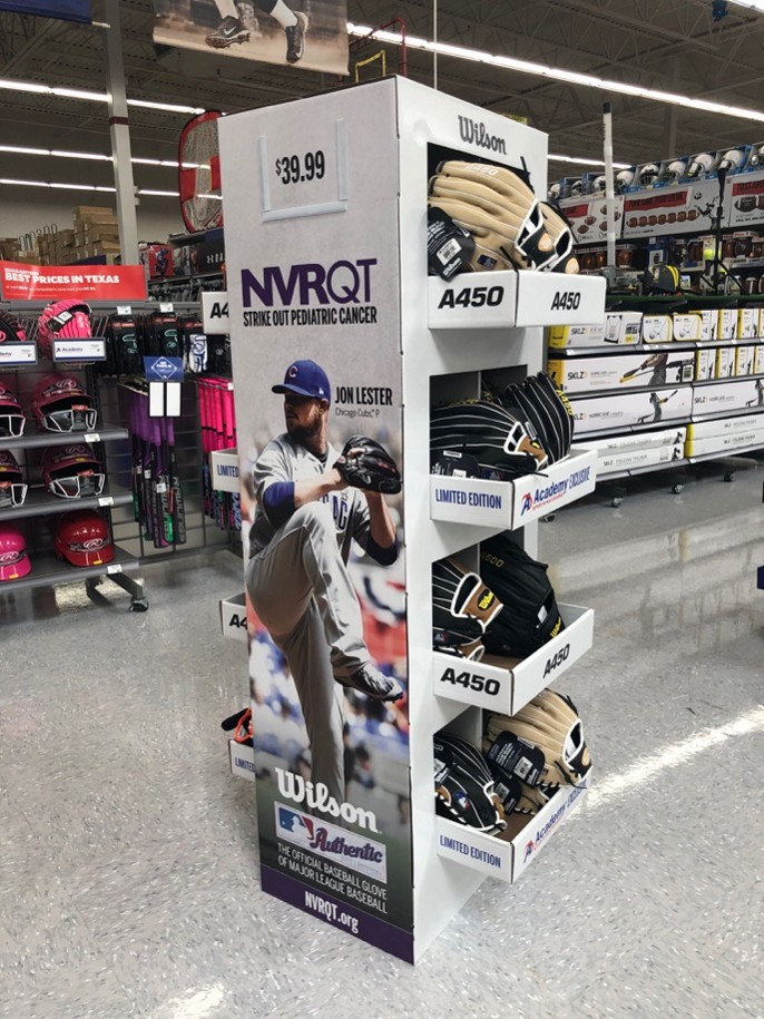 A retail POP display for Wilson A450 baseball gloves showcasing a durable yet functional structural design and American Sourced & Made quality.