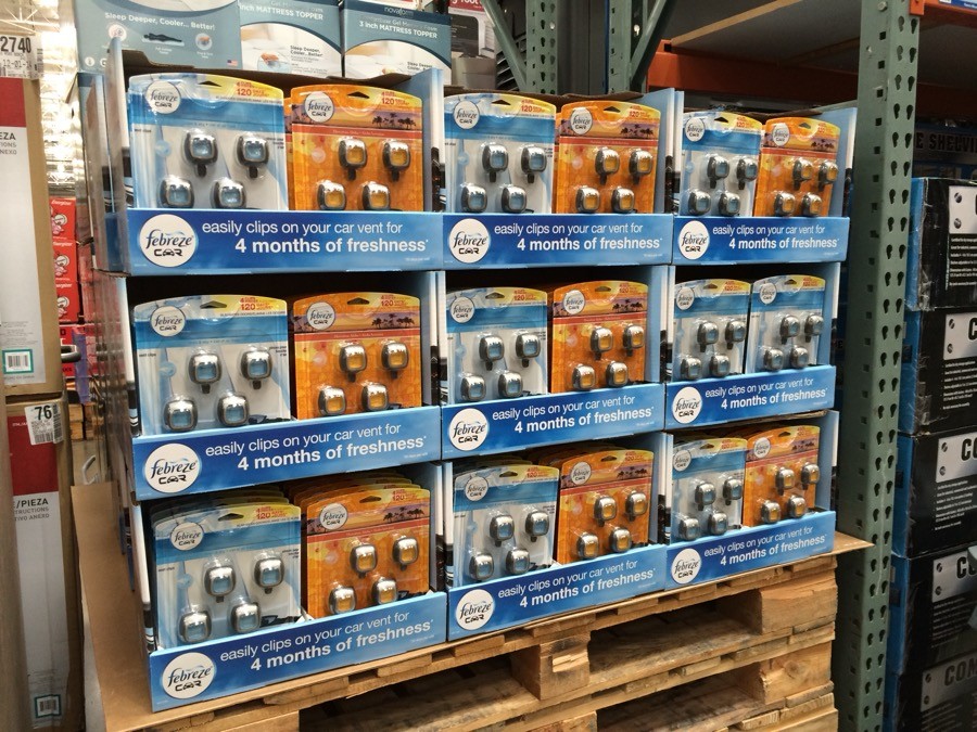 A contract packaging corrugated display project for Febreze resting on a stack of pallets.