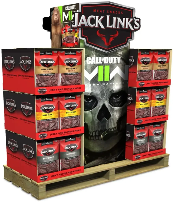 A custom corrugated point-of-purchase pallet display stocked with packages of Jack Link’s beef jerky, featuring Call of Duty promotional artwork.