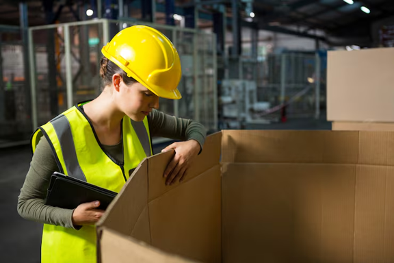 Structural engineering inspection of a corrugated display by a packaging professional at a manufacturing facility.