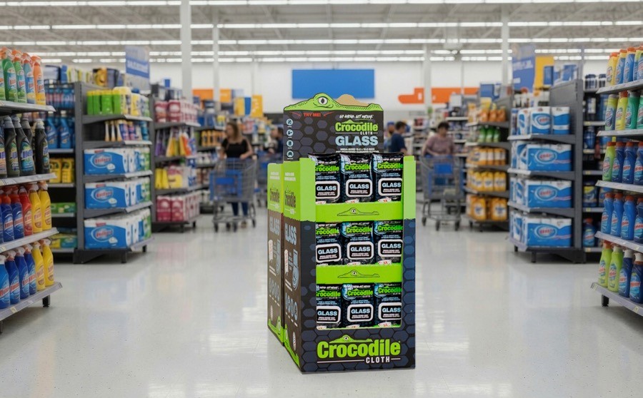 Corrugated end cap display for Crocodile Cloth designed to improve product visibility and shopper engagement in a retail store.